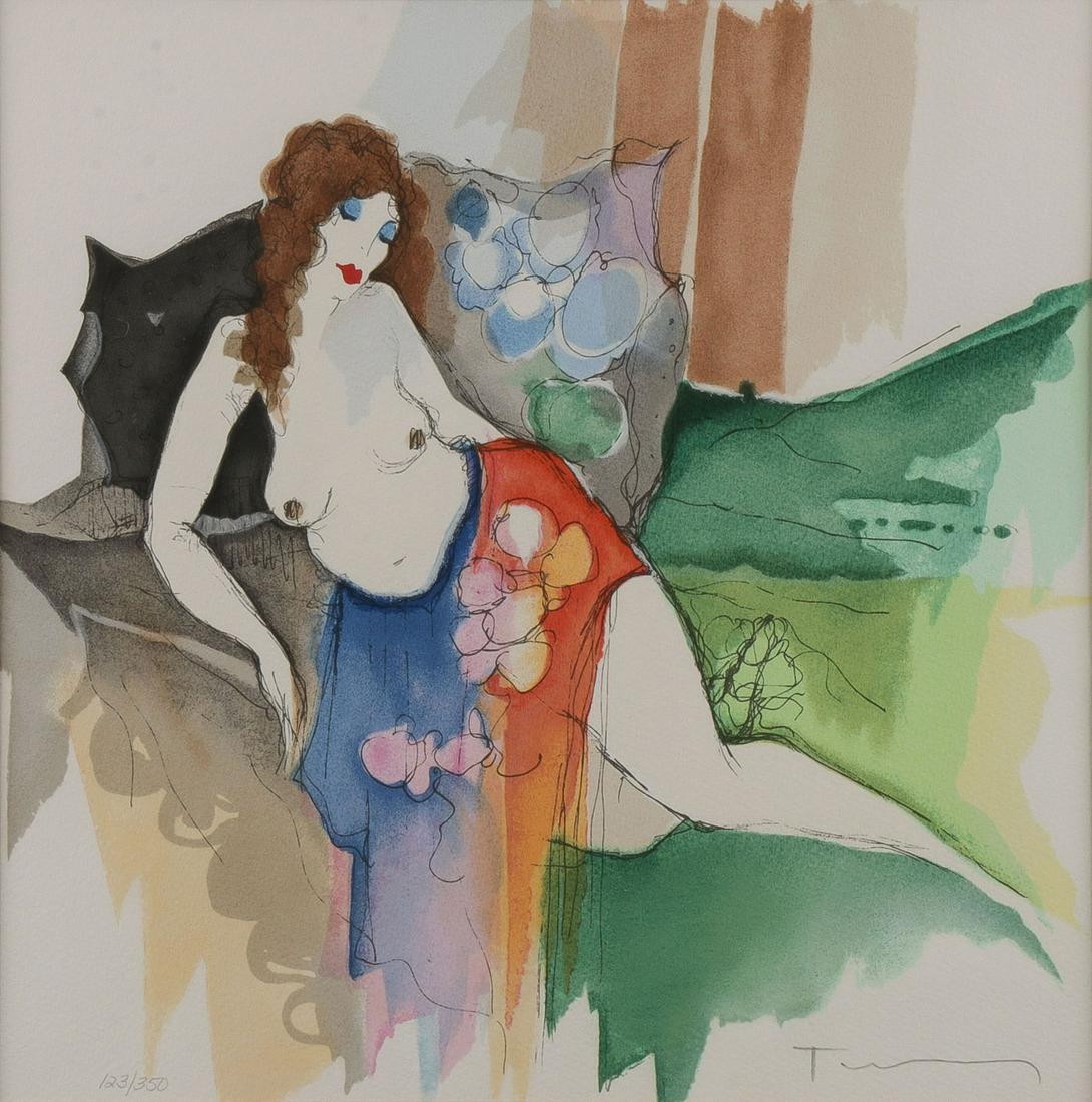AN ORIGINAL TARKAY SIGNED PRINT & OTHER: AN ORIGINAL TARKAY SIGNED PRINT & OTHER. Comprising a color lithograph of a reclining nude female on couch by Israeli artist Itzchak Tarkay (1935 - 2012), titled "Eleanor Reclines," signed in pencil l