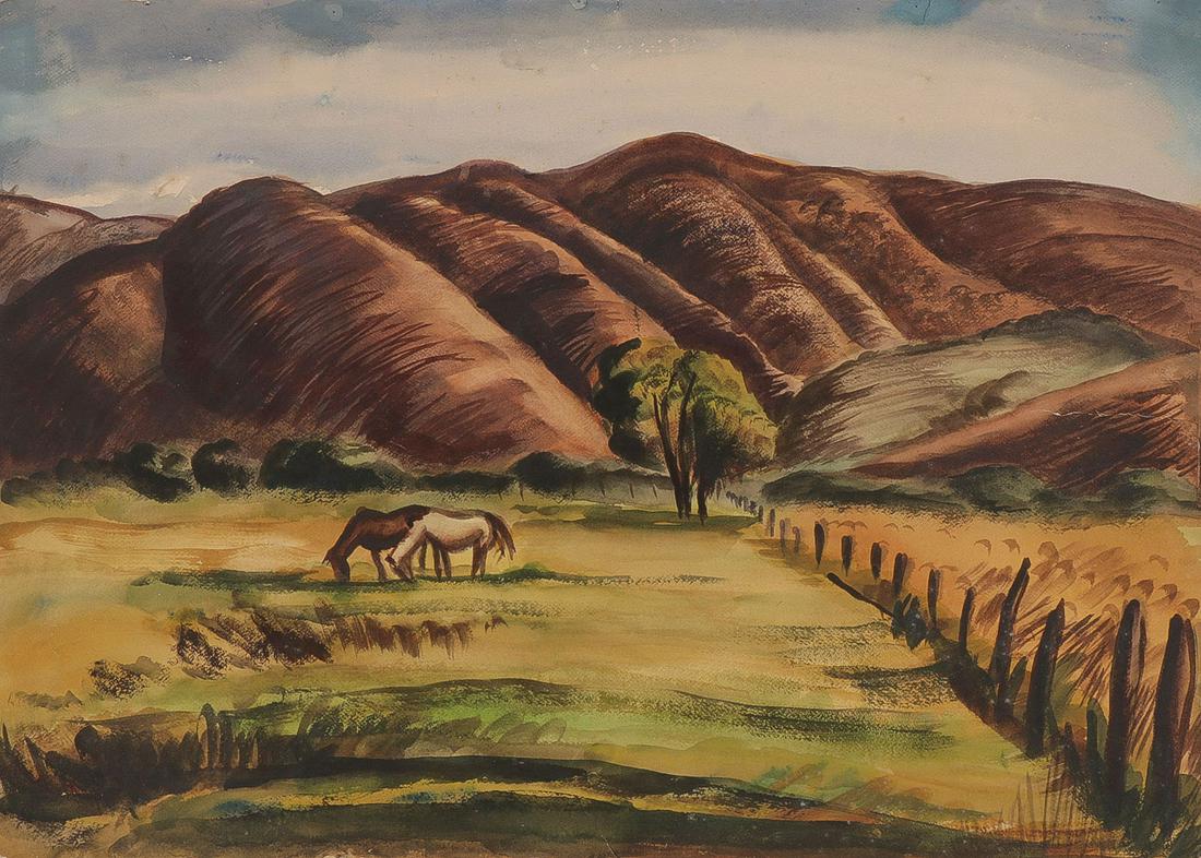 MILLARD SHEETS RELATED TAOS PAINTINGS C. 1932: GREAT MILLARD SHEETS RELATED TAOS PAINTINGS C. 1932. Comprising six original watercolors circa 1932 by American artist Marjorie Dunn Campbell (1910-1998). Including a large double sided watercolor dep