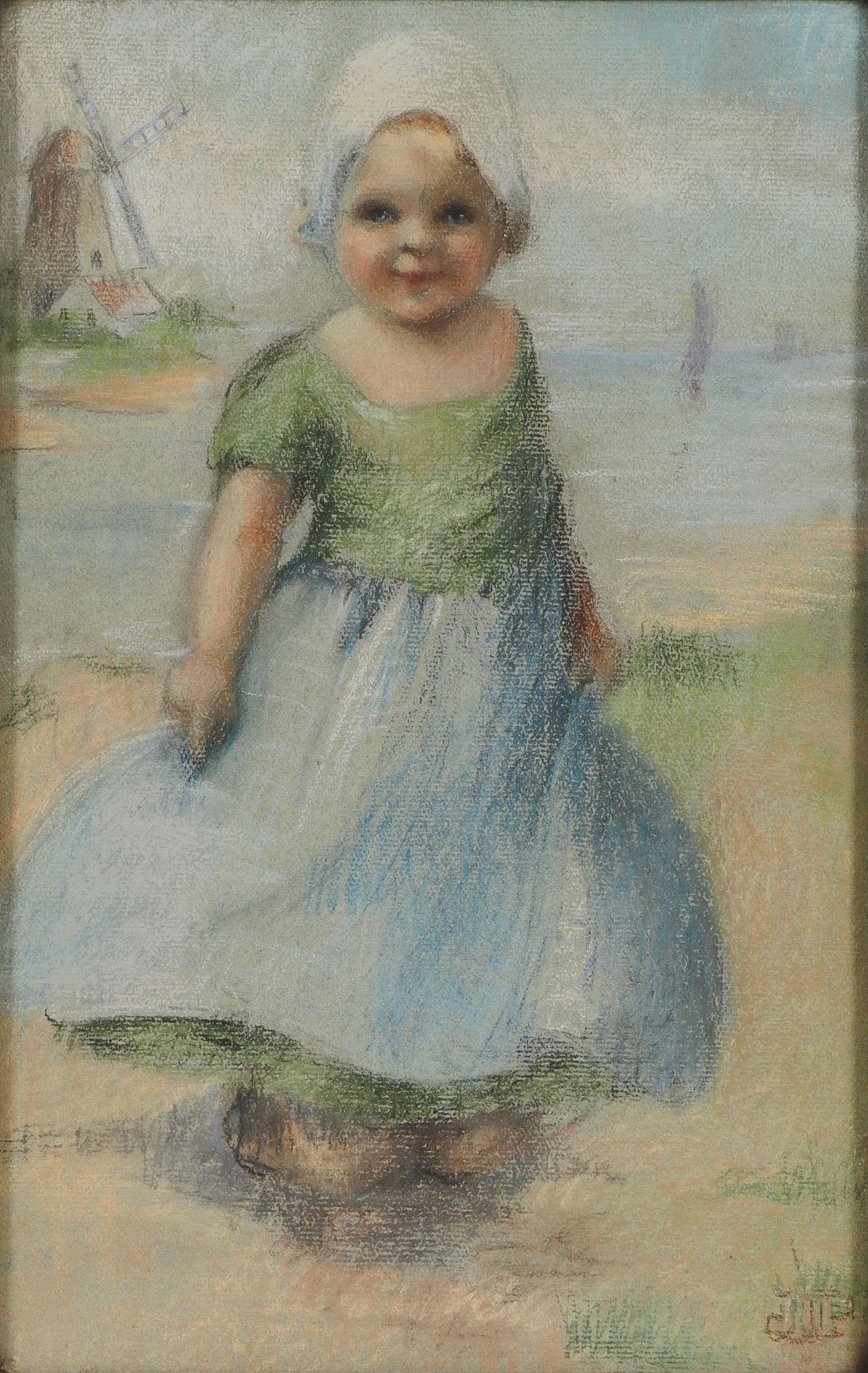 PAIR OF VINTAGE PASTELS C. 1900: PAIR OF VINTAGE PASTELS C. 1900. Comprising two competently rendered and charming pastels by Jane Porter Robertson (act. 1885-1923) both depicting a young Dutch girl in a landscape with a windmill in 