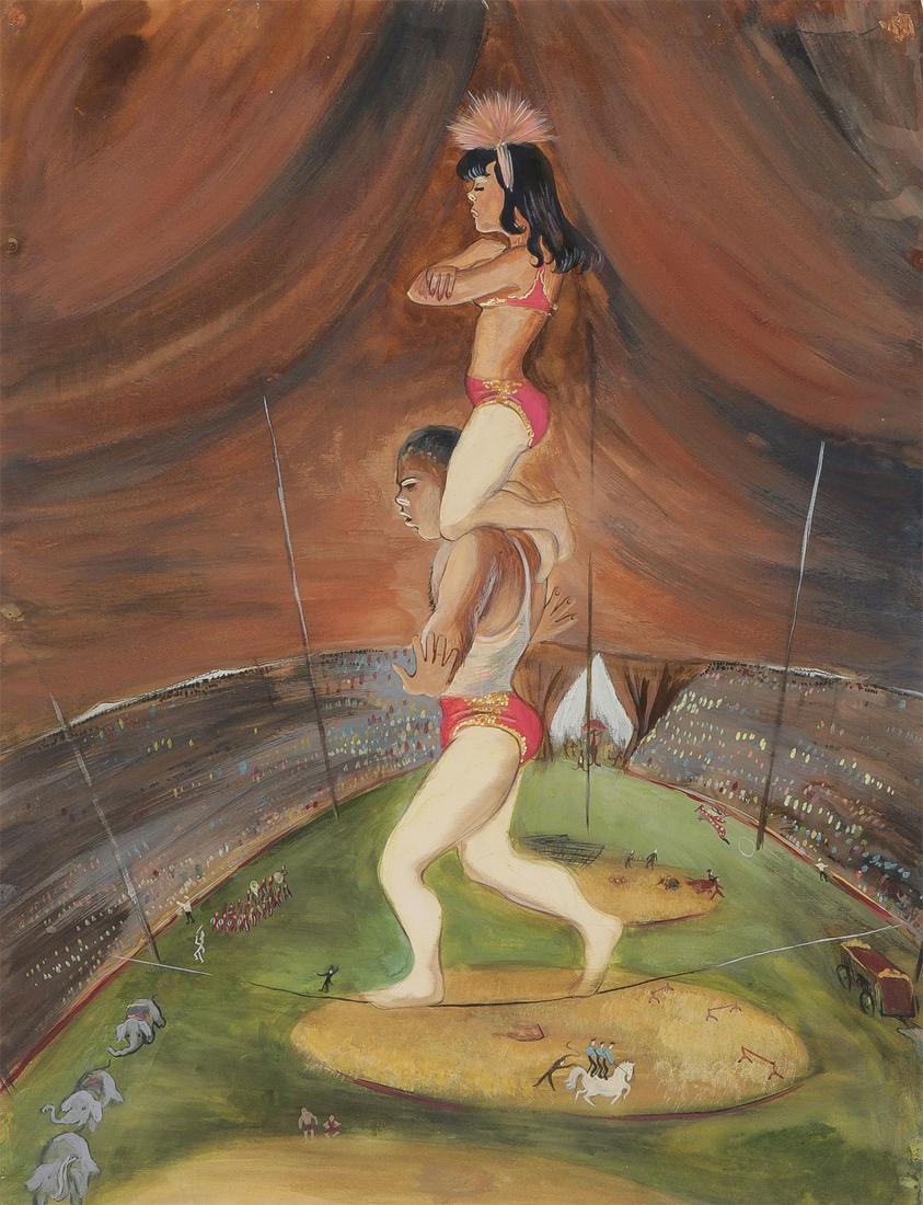 GREAT WPA STYLE CIRCUS PAINTING C. 1945: GREAT WPA STYLE CIRCUS PAINTING C. 1945. DOROTHY YOUNG GRAHAM (American 1922-2002) Circus High Wire Act circa 1945 Gouache on illustration board Inscribed on verso "DE GRAHAM" 26.5 inch