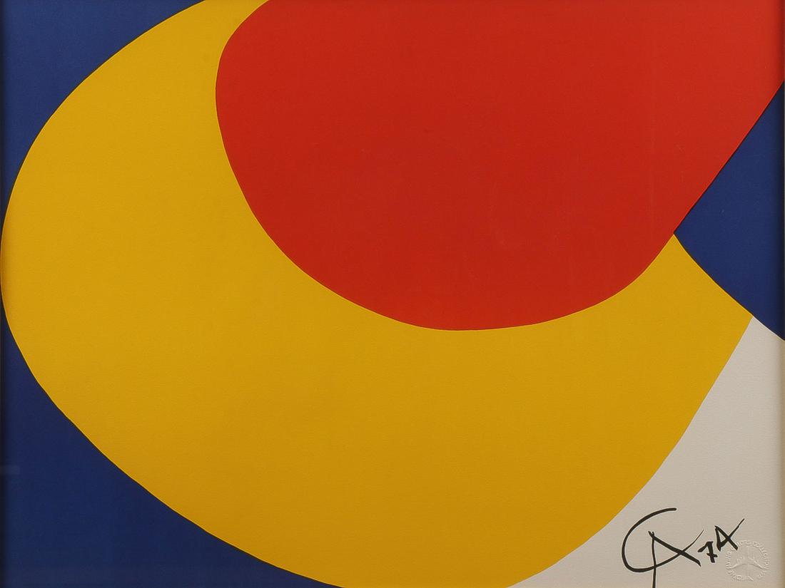 ALEXANDER CALDER LITHOGRAPH: ALEXANDER CALDER (American 1898-1976) Convection - 1974 Color lithograph Signed in the plate and with blind stamp lower right for The Flying Colors Collection, 1975 for Braniff Airlines Contained in a