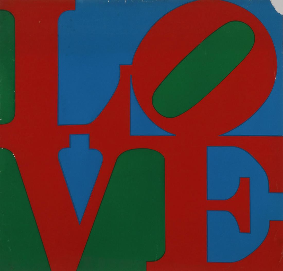 ROBERT INDIANA, PSYCHEDELIC, & OTHER POSTERS: ROBERT INDIANA, PSYCHEDELIC, & OTHER POSTERS. Comprising a vintage Robert Indian serigraph LOVE poster, unsigned,(loss to upper right corner) 29 inches x 30.5 inches, a Lampert Hausman psychedelic squ