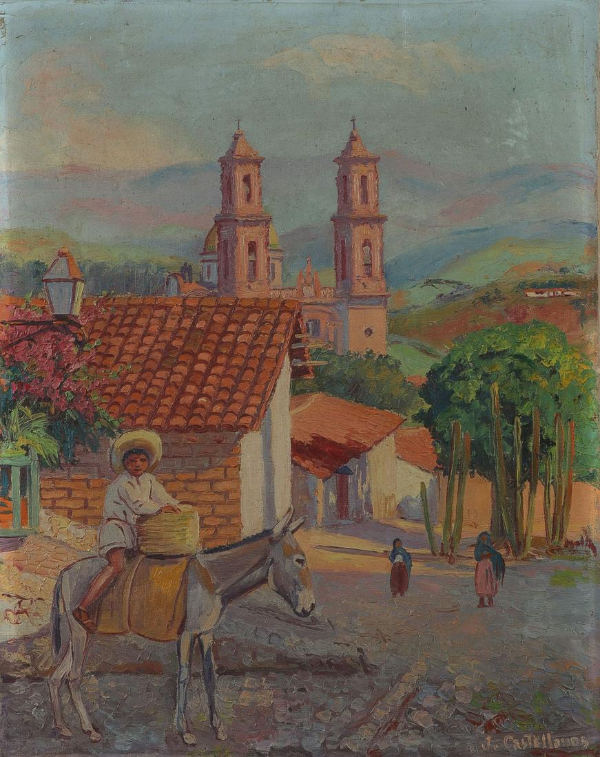SIGNED MEXICAN PAINTING: SIGNED MEXICAN PAINTING JULIO CASTELLANOS (Mexican 1905-1947) View of Taxco Mexico with Figures Oil on canvas Signed lower right and inscribed on stretcher with title 14 inches x 11 inc
