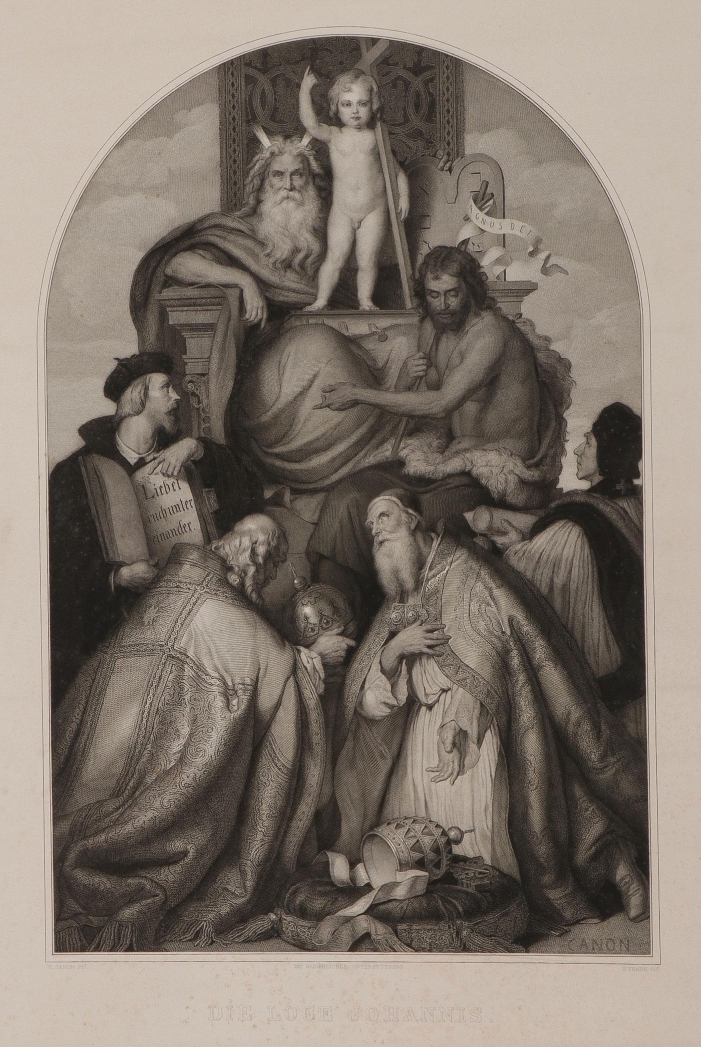 CATHOLIC RELIGIOUS POSTERS AND PRINTS: CATHOLIC RELIGIOUS POSTERS AND PRINTS. Comprising over a dozen works including a large and impressive German engraving DIE LOGE JOHANNIS after the famous 1873 painting DIE LOGE JOHANNIS by Hans Canon 