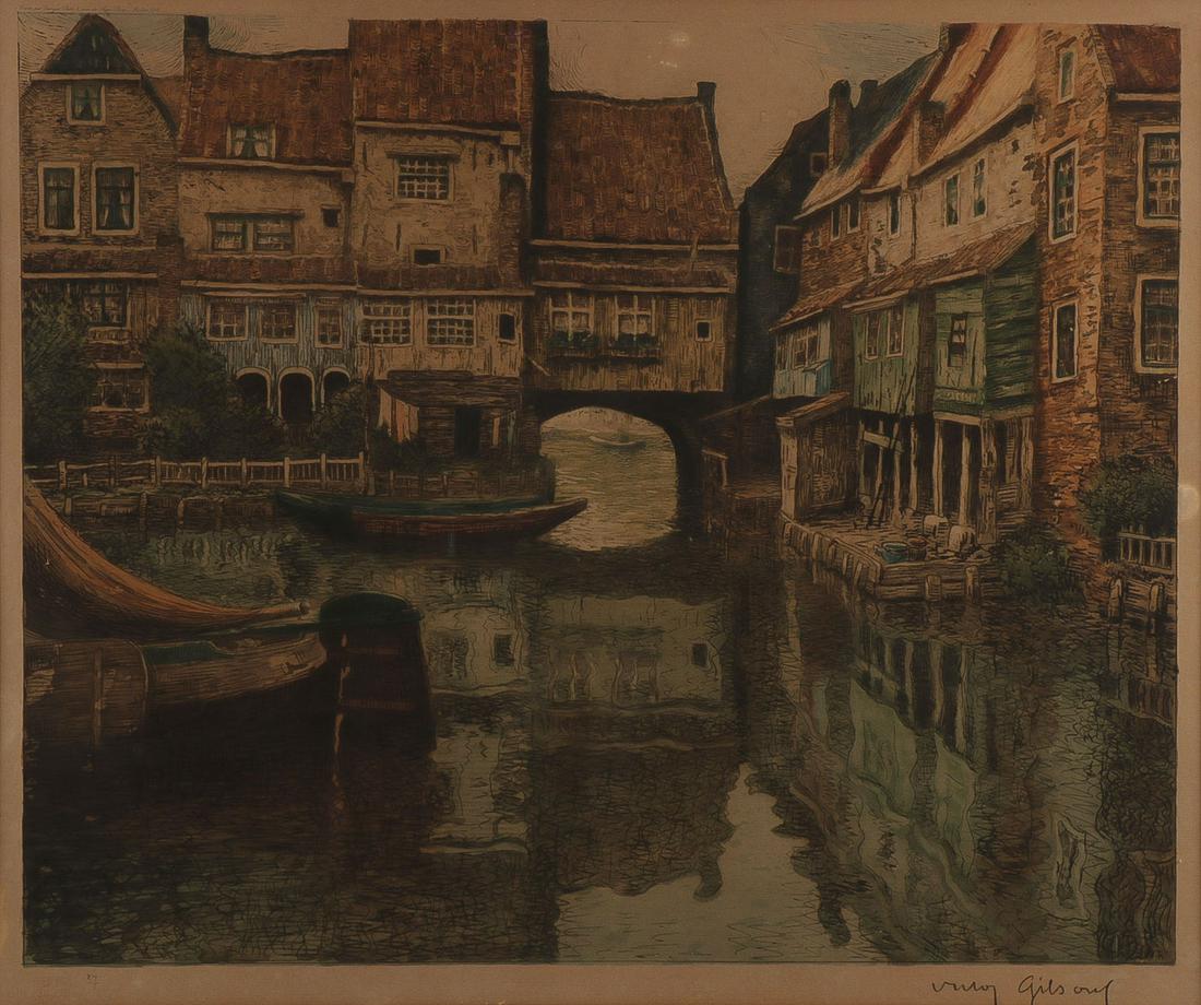 A VICTOR GILSOUL SIGNED AQUATINT C. 1911: A VICTOR GILSOUL SIGNED AQUATINT C. 1911. Comprising a colored aquatint canal scene by Belgian artist Viktor Olivier Gilsoul (1867 - 1939) signed in pencil lower right, the image measuring 18 inches x