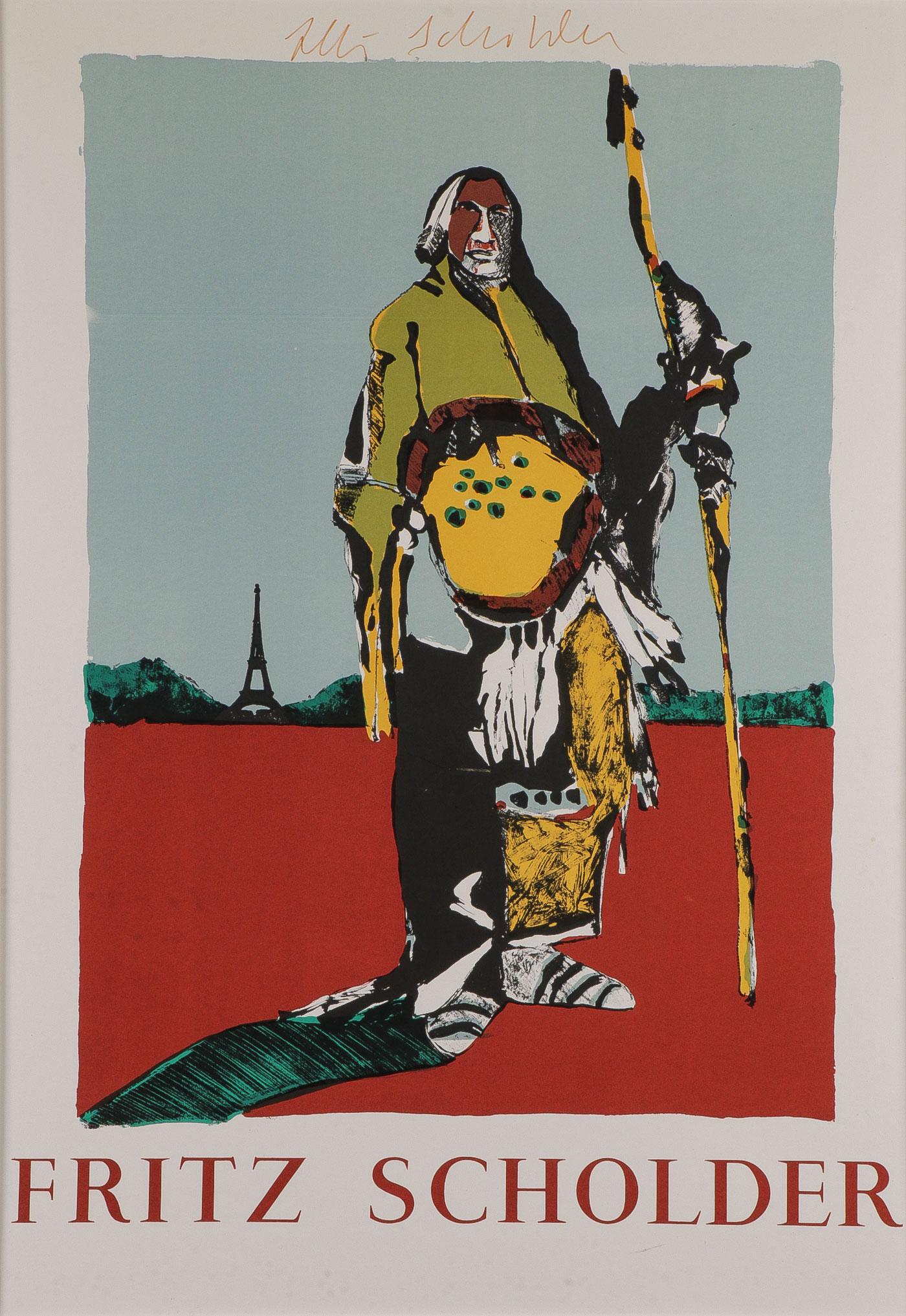 FRITZ SCHOLDER SIGNED LITHOGRAPH: FRITZ SCHOLDER SIGNED LITHOGRAPH. Comprising a Fritz Scholder (Native American 1937 - 2005) signed lithograph poster depicting An American (Indian) in Paris, signed in marker upper margin, 28 inches x