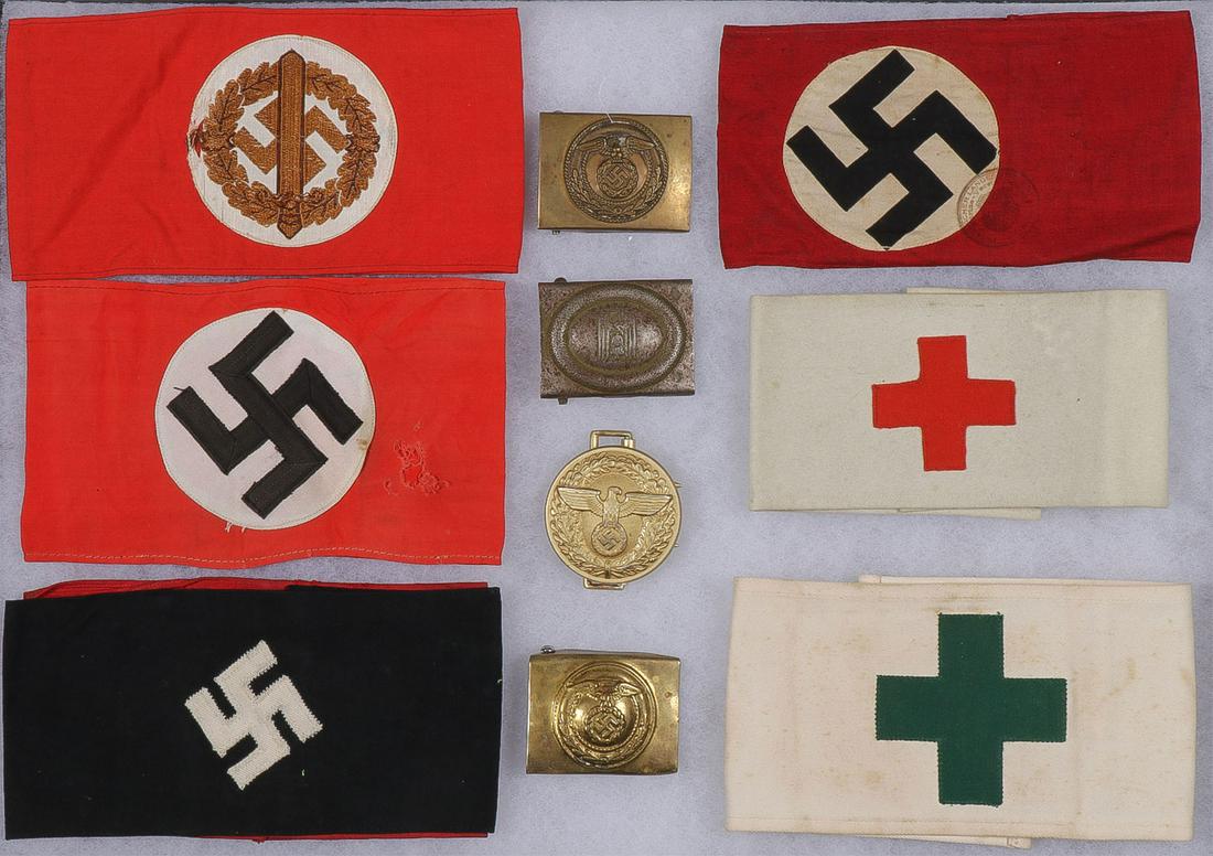 GERMAN WWII INSIGNIA & MORE: GERMAN WWII INSIGNIA & MORE. Comprising a period Sturmabteilung (SA) Sports Badge Association armband, three NSDAP Members armbands, a DRK felt armband, a small HJ parade pennant, small party flag (10