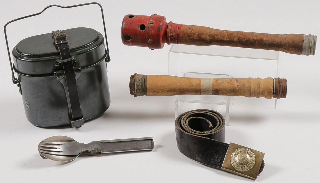 GERMAN WWII FIELD GEAR: GERMAN WWII FIELD GEAR. Comprising an original WWII M24 training stick grenade by the firm of Richard Rinker and dated 1940. Retains original screw on zinc end cap and fuse cord inside wooden handle, 