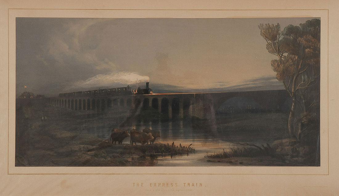 VINTAGE CHROMOLITHOGRAPHS INCL REMINGTON: VINTAGE CHROMOLITHOGRAPHS INCL REMINGTON. Comprising a very fine hand colored lithograph titled "The Express Train," from a drawing by H. Mapleston, image 7 inches x 14.25 inches, together with a foli