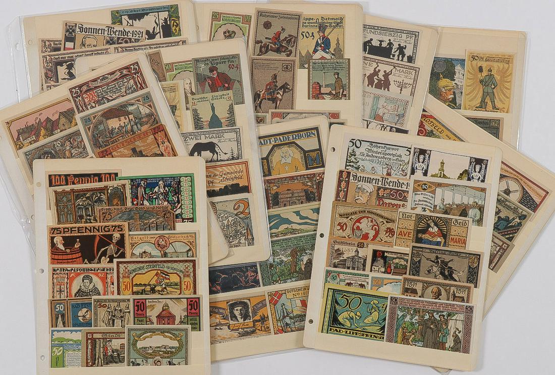 GERMAN NOTGELD CURRENCY COLLECTION: GERMAN NOTGELD CURRENCY COLLECTION. Comprising over 200 individual examples, many being colorfully executed with great graphic design elements and in the most part in very good condition. Together wit