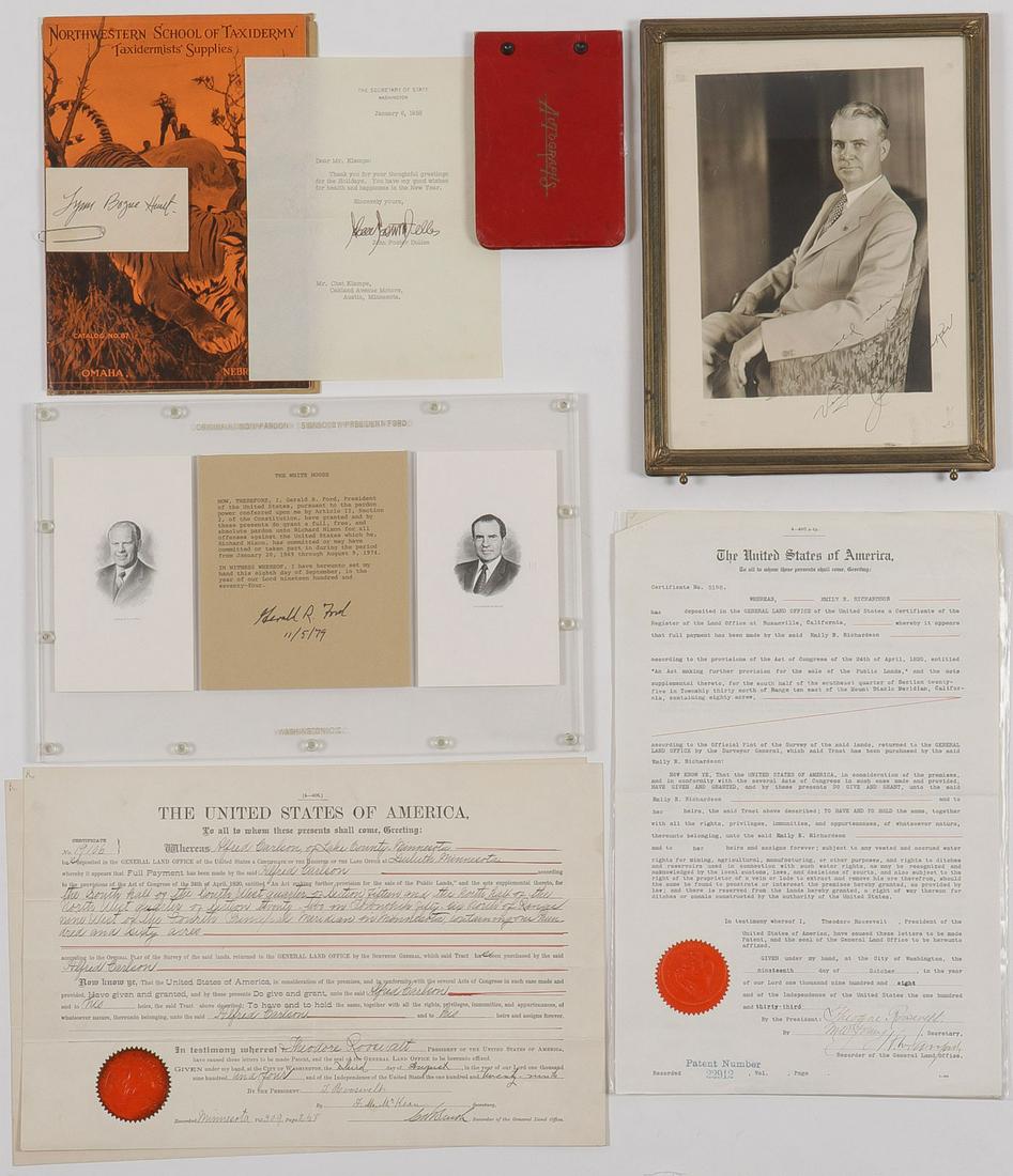 LARGE AMERICAN HISTORICAL PAPER GROUP: LARGE AMERICAN HISTORICAL PAPER GROUP. Comprising well over 70 individual items including a Gerald Ford signed Nixon pardon in plexiglass frame, a signed photo of Ohio Governor John Bricker (Vice Pres