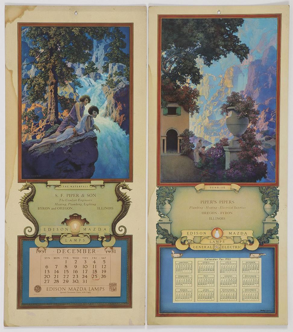 EDISON MAZDA LAMPS CALENDARS CIRCA 1930: EDISON MAZDA LAMPS CALENDARS CIRCA 1930'S. Comprising six original Edison Mazda lamps advertising calendars including three illustrated by Maxfield Parrish "The Waterfall," "Sunrise," and "Ecstasy," t
