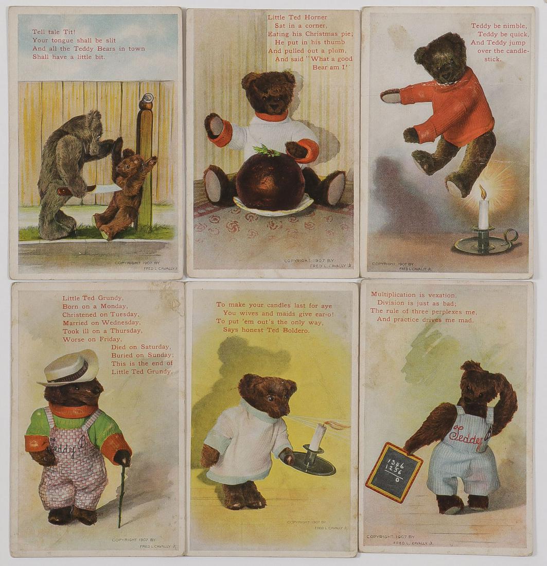 104 TEDDY BEAR, BEAUTIES, & ANIMAL POSTCARDS: 104 TEDDY BEAR, BEAUTIES, & ANIMAL POSTCARDS. Comprising a good grouping of over 100 post cards including eight great 1907 dated Teddy Bear postcards by Fred L. Cavally Jr, a good group of colorful "b