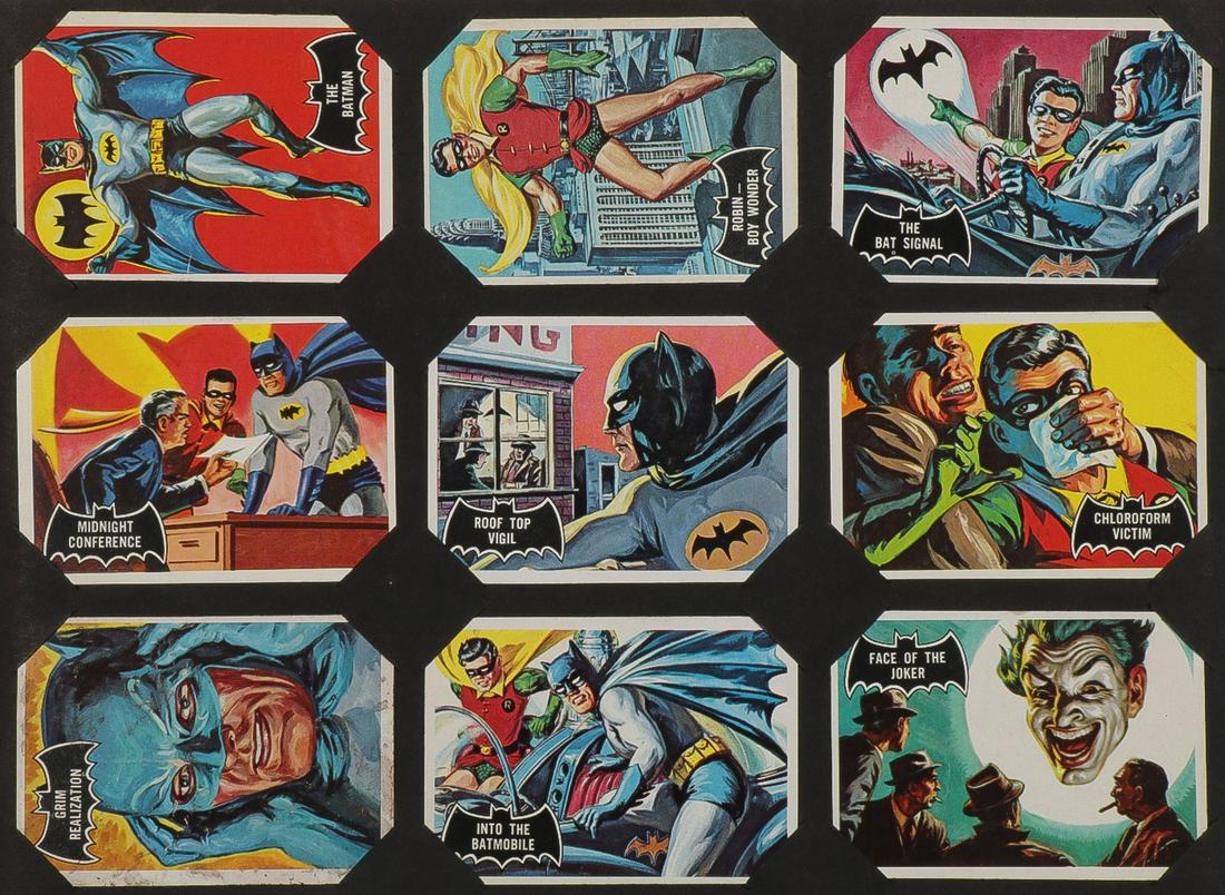 A TOPPS HOBBY CARD ALBUM: A TOPPS HOBBY CARD ALBUM. Containing 88 Topps Batman cards circa 1966, almost a complete set, and two Big League Chewing Gum partial labels. SHIPPING NOTICE: Jackson's is your sole and onl