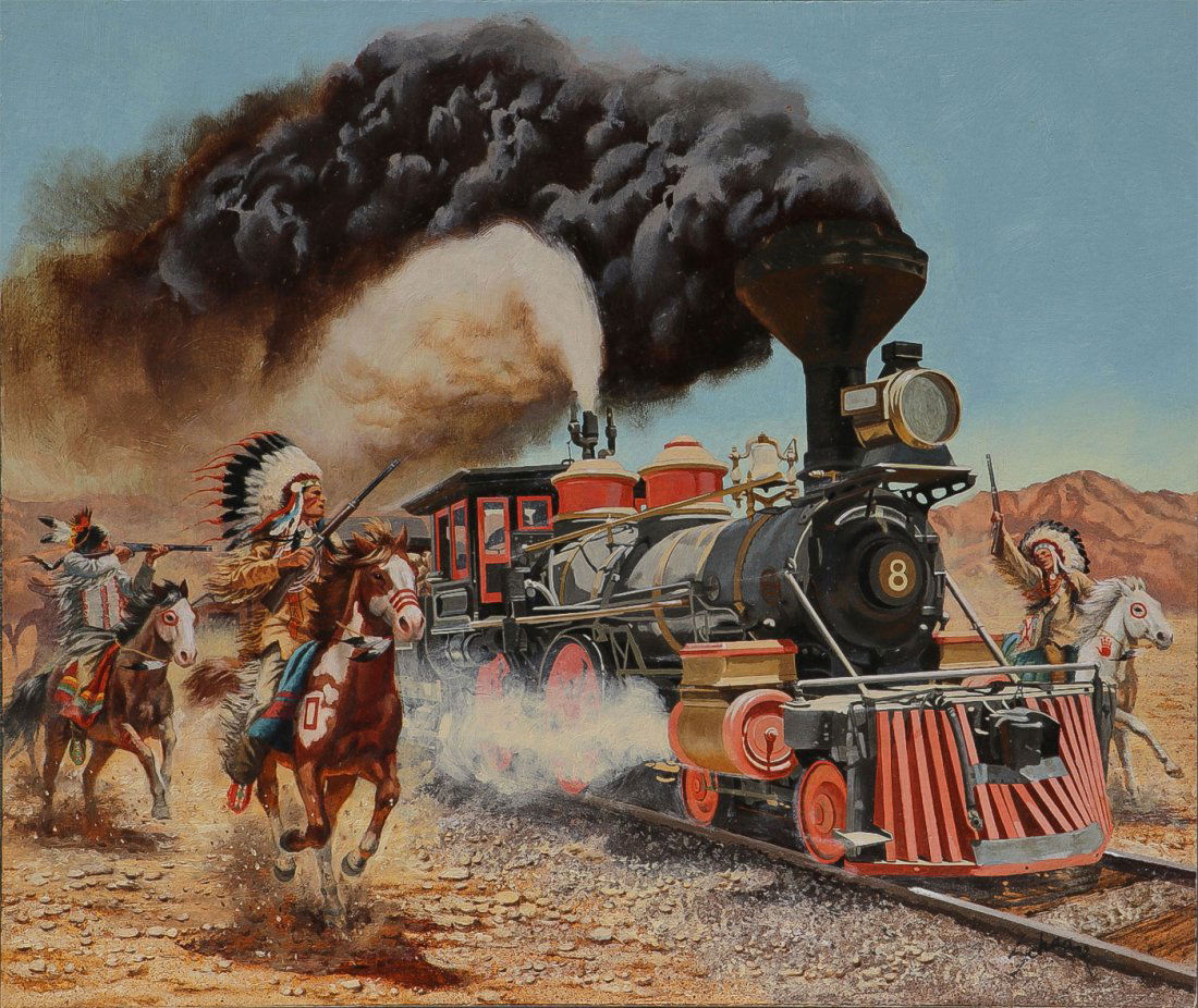 AMERICAN INDIAN & TRAIN PAINTING: HARRY SCHAARE (American 1922 – 2008)Indians Attack the Iron Horse - 1982Oil on MasoniteSighed lower right “Schaare”18 inches x 21 inches, unframedSHIPPING NOTICE:Jac