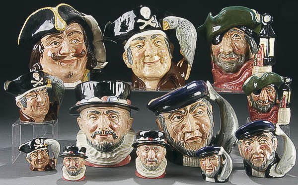 A ROYAL DOULTON CHARACTER JUG GROUPING mid 20th c: A ROYAL DOULTON CHARACTER JUG GROUPING mid 20th century comprising of a complete "Long John Silver" set, large "Capt. Henry Morgan", complete "Beefeater" set, complete "Capt Ahab" set, and a pair of "