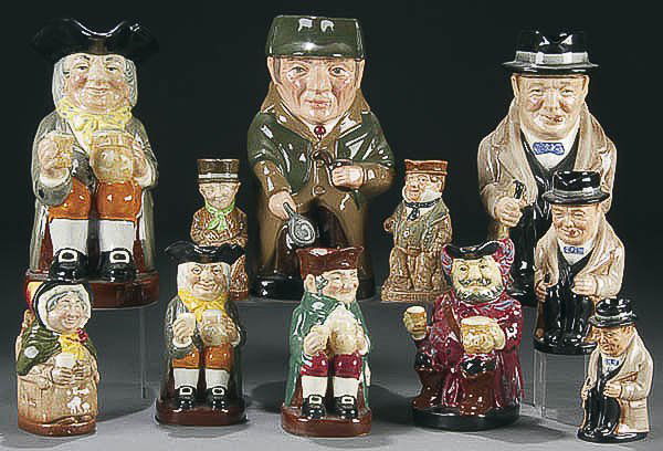 A ROYAL DOULTON TOBY JUG GROUP OF ELEVEN mid to l: A ROYAL DOULTON TOBY JUG GROUP OF ELEVEN mid to late 20th century comprised of "Sairey Gamp" a pair of "Happy Johns", a "Sam Weller", "Old Charlie", "Cap'n Cuttle", "Sherlock Holmes", "Falstaff" and a