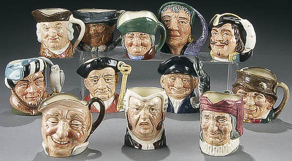 A ROYAL DOULTON CHARACTER JUG GROUP OF TWELVE mid: A ROYAL DOULTON CHARACTER JUG GROUP OF TWELVE mid 20th century comprising of "Farmer John", "The Falconer", "Sam Johnson", "Tony Weller", "Gaoler", "Buzfuz", "Lobster Man", "The Fortune Teller", "Toby