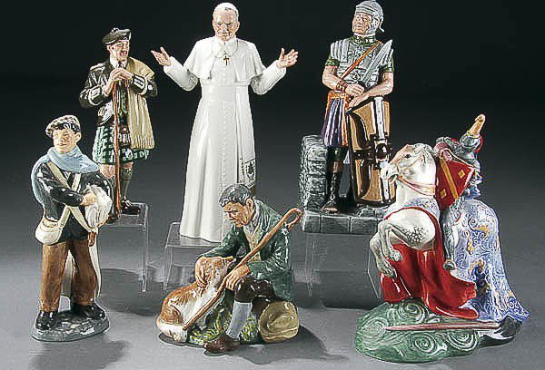 ROYAL DOULTON PORCELAIN FIGURES a group of six, m: ROYAL DOULTON PORCELAIN FIGURES a group of six, mid to late 20th century comprising of "Newsboy", "The Laird", "Pope John Paul II", "The Master", "The Centurion" and "The Broken Lance" all with green