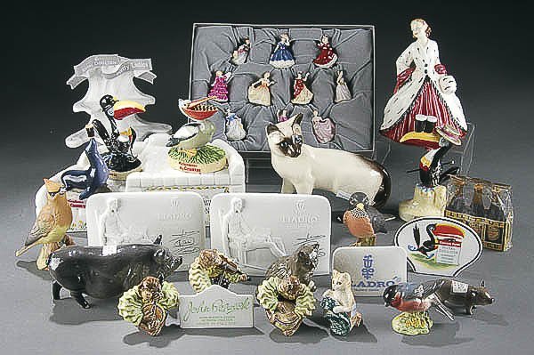 ROYAL DOULTON PORCELAIN FIGURES mid to late 20th: ROYAL DOULTON PORCELAIN FIGURES mid to late 20th century comprising if Beswick band monkeys, dealer/advertising signs, "Miner Toucan", "Seaside Toucan", Pretty Ladies miniature set together with many 