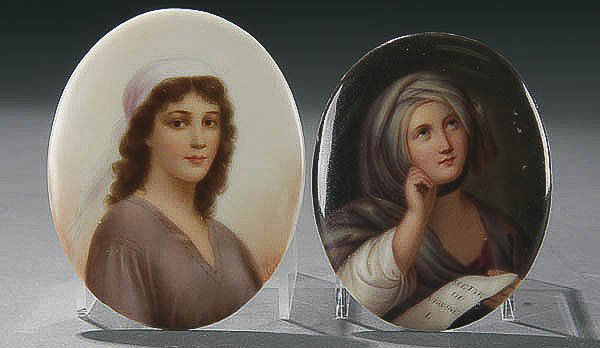 A PAIR OF KPM STYLE HAND PAINTED PORTRAIT PLAQUES: A PAIR OF KPM STYLE HAND PAINTED PORTRAIT PLAQUES circa 1900, of Ruth (3.25 inch) and another of a woman with scroll (3 inch). Estimate $150-$250