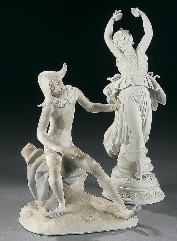 A LLADRO & VICTORIAN BISQUE FIGURAL GROUP 20th ce: A LLADRO & VICTORIAN BISQUE FIGURAL GROUP 20th century, consisting of a Lladro harlequin missing guitar (damaged), and a young Parian beauty dancing. Height 14 inches. Estimate $50-$100