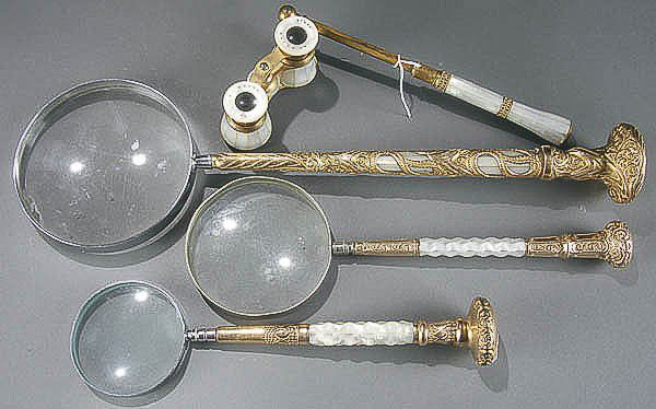 VICTORIAN OPERA GLASS & MAGNIFYING COLLECTION: 4-PIECE VICTORIAN GOLD FILLED MOTHER-OF-PEARL HANDLED OPERA GLASS & MAGNIFYING COLLECTION consisting of a French extending mop opera glass and 3 magnifying glasses mounted with mop umbrella handles. L