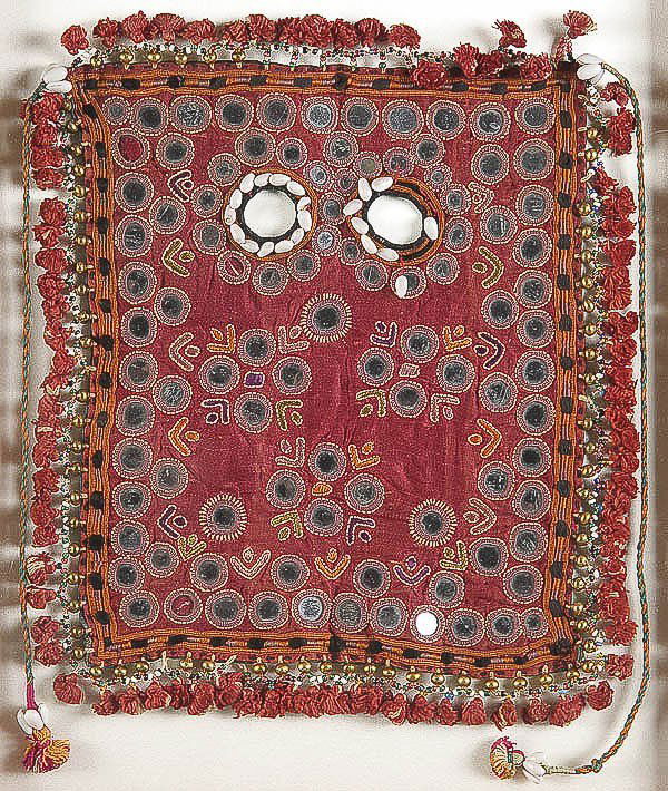 19TH C. INDO-PERSIAN EMBROIDERED VEST elaborately: 19TH C. INDO-PERSIAN EMBROIDERED VEST elaborately decorated with floral motifs and mirrored glass discs. Together with a similarly decorated face screen. Both contained in shadow box frames. 22 inches