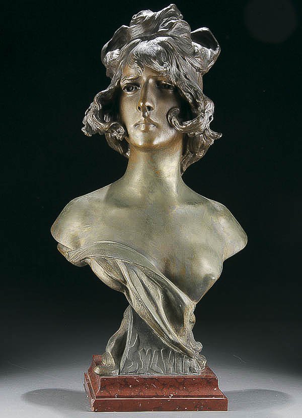 BRONZED METAL SCULPTURE, Anton K. Nelson: Anton K. Nelson (French 1880-1910) Sylvia Bronzed metal on marble stepped plinth Inscribed on base Ant. Nelson and with French manufacturers mark Height 25.5 inches (65 cm) $500-$750