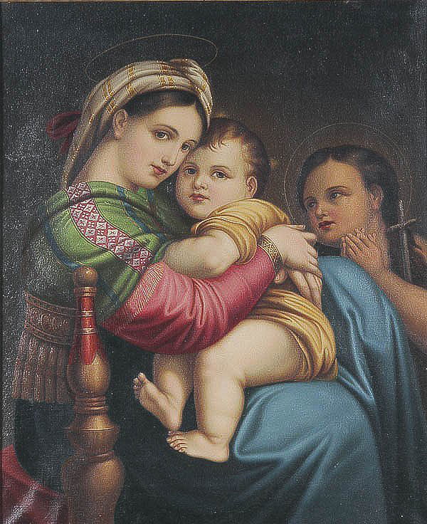 OIL PAINTING after Raphael, religious: After Raphael (Italian 1483-1520) Madonna della Sedia Oil on canvas 26.75 inches x 22 inches (68 x 56 cm) $300-$500
