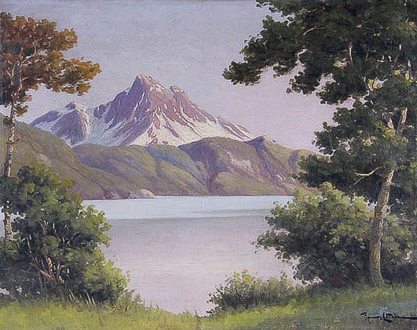 OIL PAINTING Ramos Catalan (Chilean 1888-1961): RAMOS CATALAN (Chilean 1888-1961) Alpine Lake--circa 1940s. Oil on canvas. Signed lower right. 29.5 inches x 37.5 inches (75 x 95 cm), unframed. Estimate $600-$900