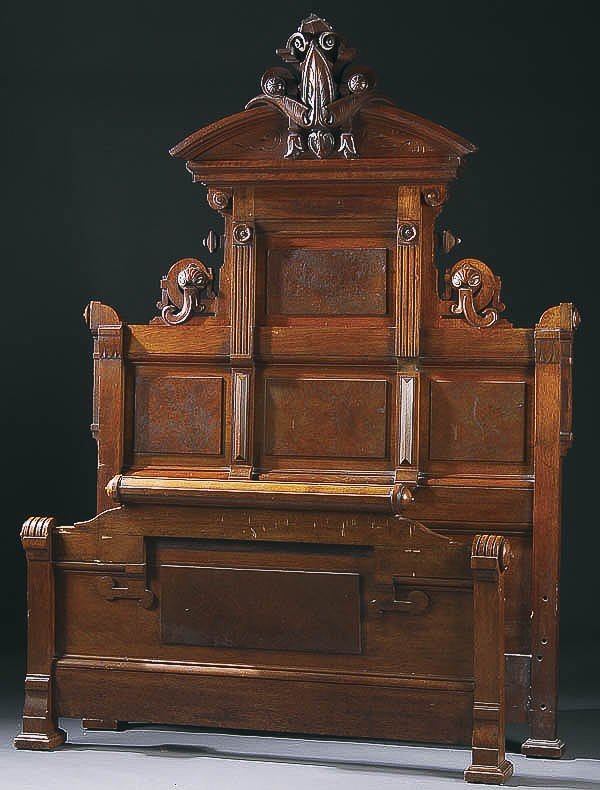 A 3-PIECE WALNUT RENAISSANCE REVIVAL BEDROOM SET: A 3-PIECE WALNUT RENAISSANCE REVIVAL BEDROOM SET circa 1875, consisting of a high back bed and matching 4-drawer dresser with mirror and marble top. Together with a commode (marble absent). Each with 