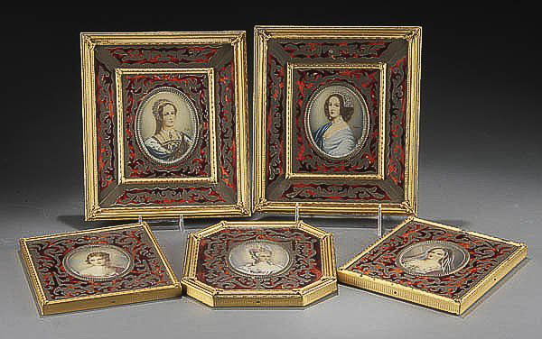 BOULLE STYLE PAINTED IVORY MINIATURE PORTRAITS: A SET OF 5 BOULLE STYLE FRAMED PAINTED IVORY MINIATURE PORTRAITS signed 'Paoli' 20th century. Largest 8.5x7.5 inches. Estimate $100-$150