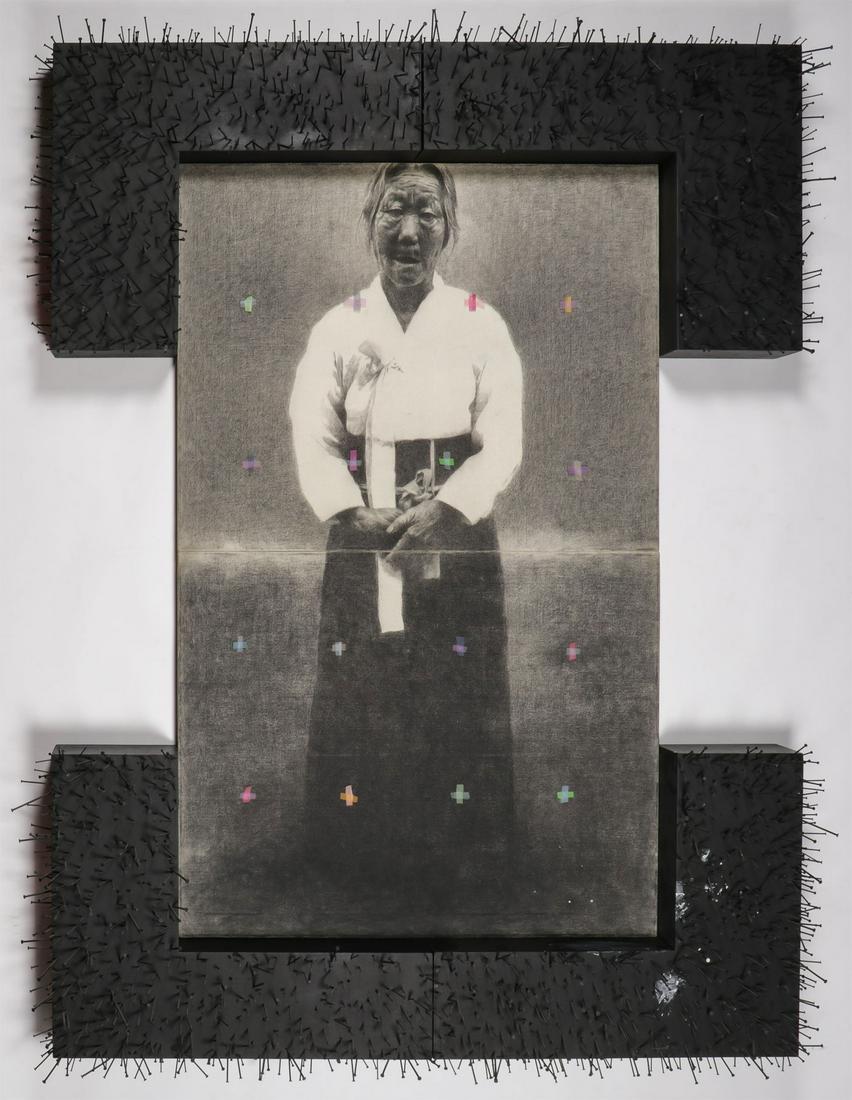 IMPORTANT CHO DUCK-HYUN: CHO DUCK-HYUN (Korean b. 1957-) History of Korean Women - 1993 Charcoal, graphite, and silk ribbon on canvas with sculptural surround (wood and nails) Unsigned Approximately 69 inches x 94 inches (175