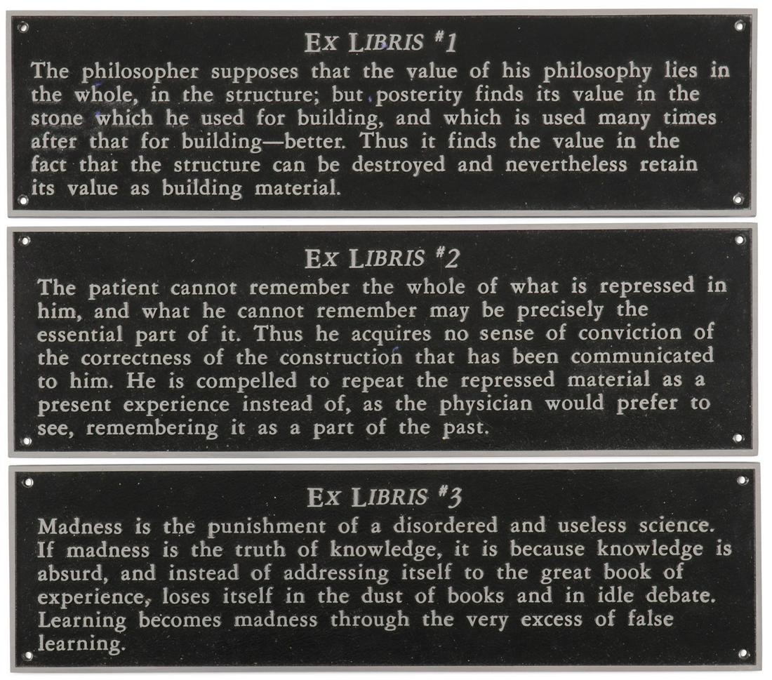 JOSEPH KOSUTH TEXT PLAQUES: JOSEPH KOSUTH (American b. 1945-)Ex Libris Series; Nietzsche, Freud, Foucault, Wittgenstein, De Mann - 1989Aluminum casting and black polychromed (set of 5)Verso of each with incised monogram, date,
