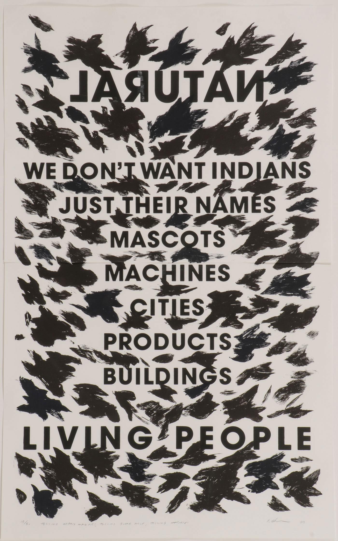 LARGE EDGAR HEAP-OF-BIRDS WORK: EDGAR HACHIVI HEAP-OF-BIRDS (American b. 1954 - ) Telling Many Magpies, Telling Black Wolf, Telling Hachivi - 1989 Screenprint on two joined sheets Pencil signed and dated lower right and editioned 13