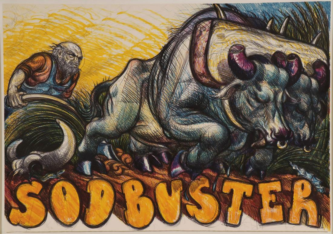 IMPRESSIVE LUIS JIMENEZ SIGNED WORK: LUIS JIMENEZ (American 1940 - 2006)Sodbuster - 1983Lithograph Pencil signed and dated lower right and editioned 13/50 lower left 31.5 inches x 44.5 inches SHIPPING NOT