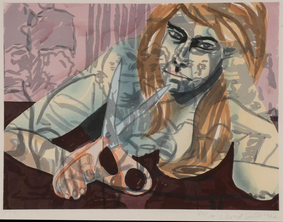 DAVID SALLE SIGNED WOODCUT: DAVID SALLE (American b. 1952 -) Portrait with Scissors at Nightclub - 1982 Color woodcut Pencil signed, dated, and editioned 82/100 lower right 18 inches x 24 inches (45.7 x 61 cm)