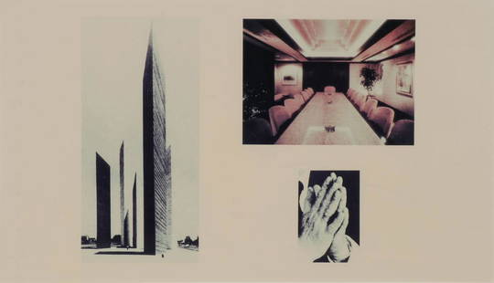 PAIR OF ANTONIO MUNTADAS WORKS: ANTONI MUNTADAS (Spanish b. 1942 - )Architektur, Raume, Gesten (praying hands), Architektur, Raume, Gesten (globe) - A pair of worksColor on black and white photo collageOverall including frame each