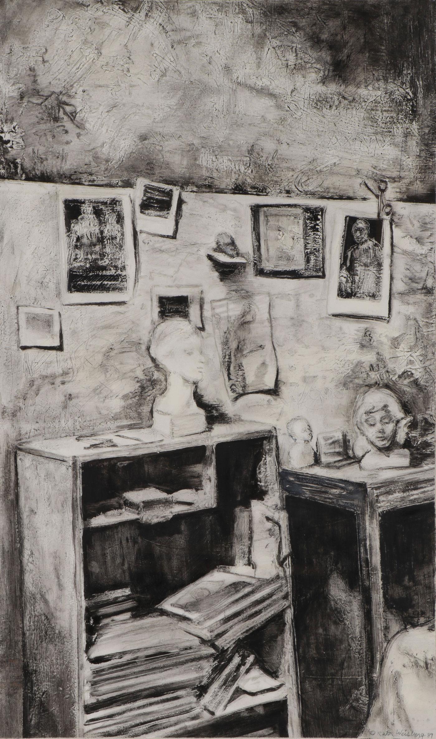RUTH WEISBERG SIGNED WORK: RUTH WEISBERG (American b. 1942 - ) Studio- 1989 Gesso, oil, ink & pencil on paper Signed and dated lower right 29 inches x 17 inches SHIPPING NOTICE: Jackson
