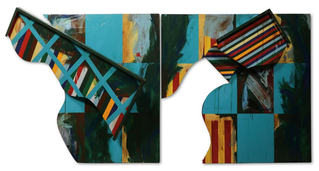 JAY PHILLIPS ENAMELED SCULPTURE: JAY PHILLIPS (American 1954 - 1987) Meeting Place Enamel on aluminum (in two pieces) Signed, titled, and with the dates on verso 1983-1986 62 inches x 62 inches (left side) and 62 inches x 66 inches (