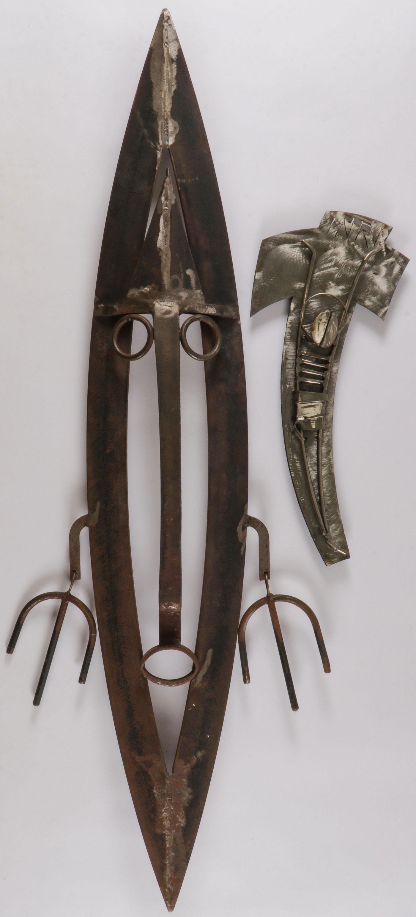 PAIR OF MODERNIST SCULPTURES: PAIR OF MODERNIST SCULPTURES. Comprising a pair of iron and steel sculptures by noted St. Louis artist Brother Mel Meyer (1928-2013) including an elliptical mask form with earrings measuring 52.75 inc
