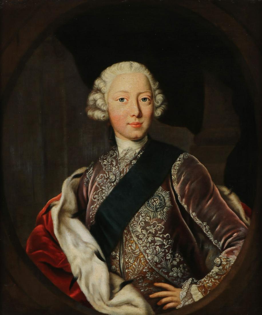 18TH C. PORTRAIT BONNIE PRINCE CHARLIE: Circle of ANTONIO DAVID (Italian 1698-1750) Portrait of Prince Charles Edward Stuart (Bonnie Prince Charlie) Oil on canvas in feigned oval laid down Unsigned 30.75 inches x 26 inches (78 x 66 cm)