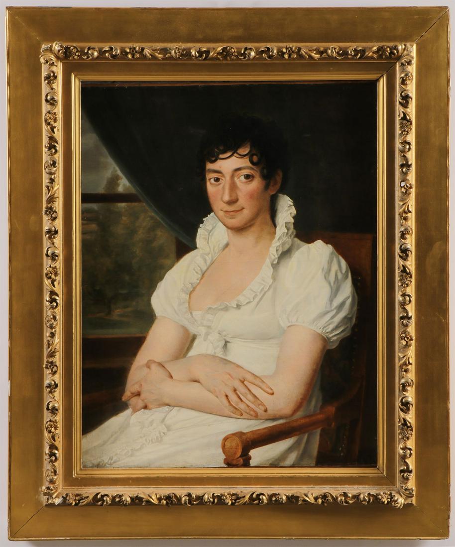 FRENCH SCHOOL PORTRAIT C. 1820: FRENCH SCHOOL (19th century) Portrait of a Woman Seated Near Window- c. 1820 Oil on canvas Unsigned 28.75 inches 23.5 inches (73 x 59.5 cm) Provenance: Museum of Fine Ar