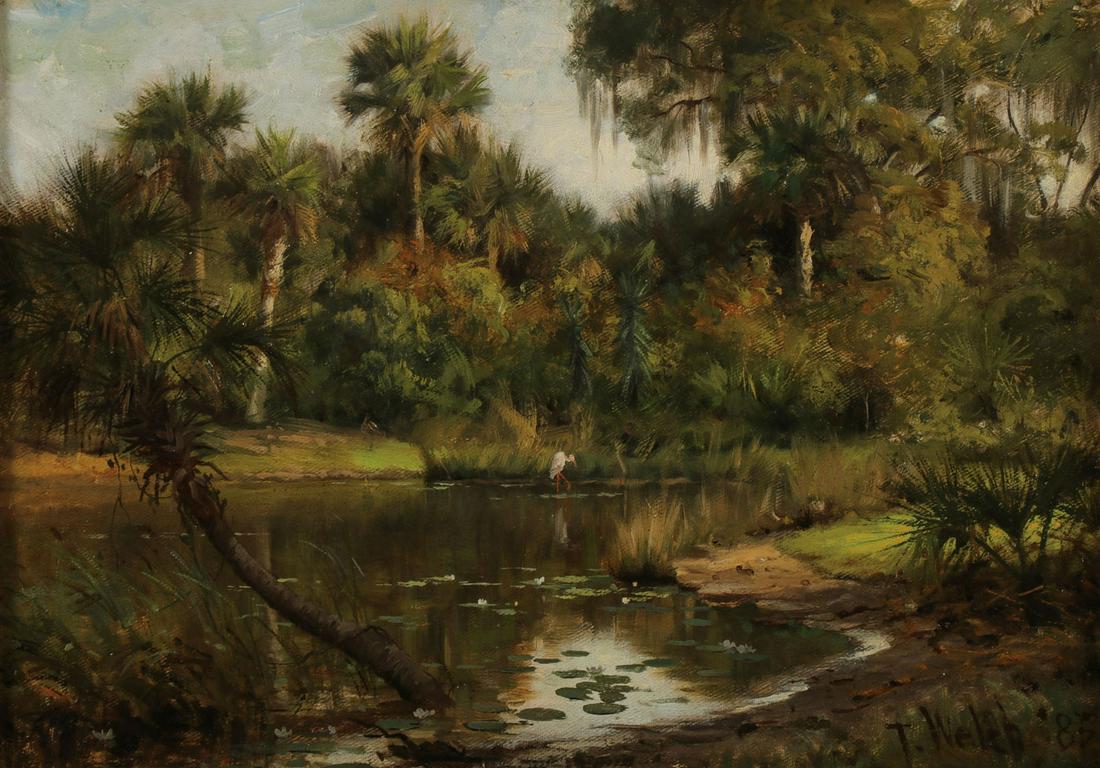 19TH CENTURY GEORGIA PAINTING DATED 1885: THADDEUS WELCH (American 1844-1919) A Marsh Scene - probably Georgia - 1885 Oil on canvas board Signed lower right "T Welch," and dated '85 Verso with indistinguishable inscription, possibly location 