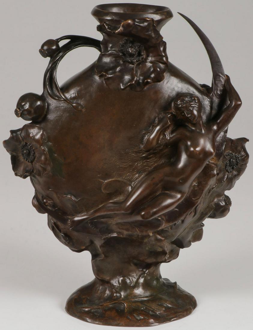 SIGNED FRENCH ART NOUVEAU BRONZE VASE: JULES JOUANT (French 1882-1921)Art Nouveau Vase with Nude Amidst Poppies Bronze with brown patinaSigned on base "Jouant" and retailer's stamp of TiffanyHeight 15.75 inches (40 cm)