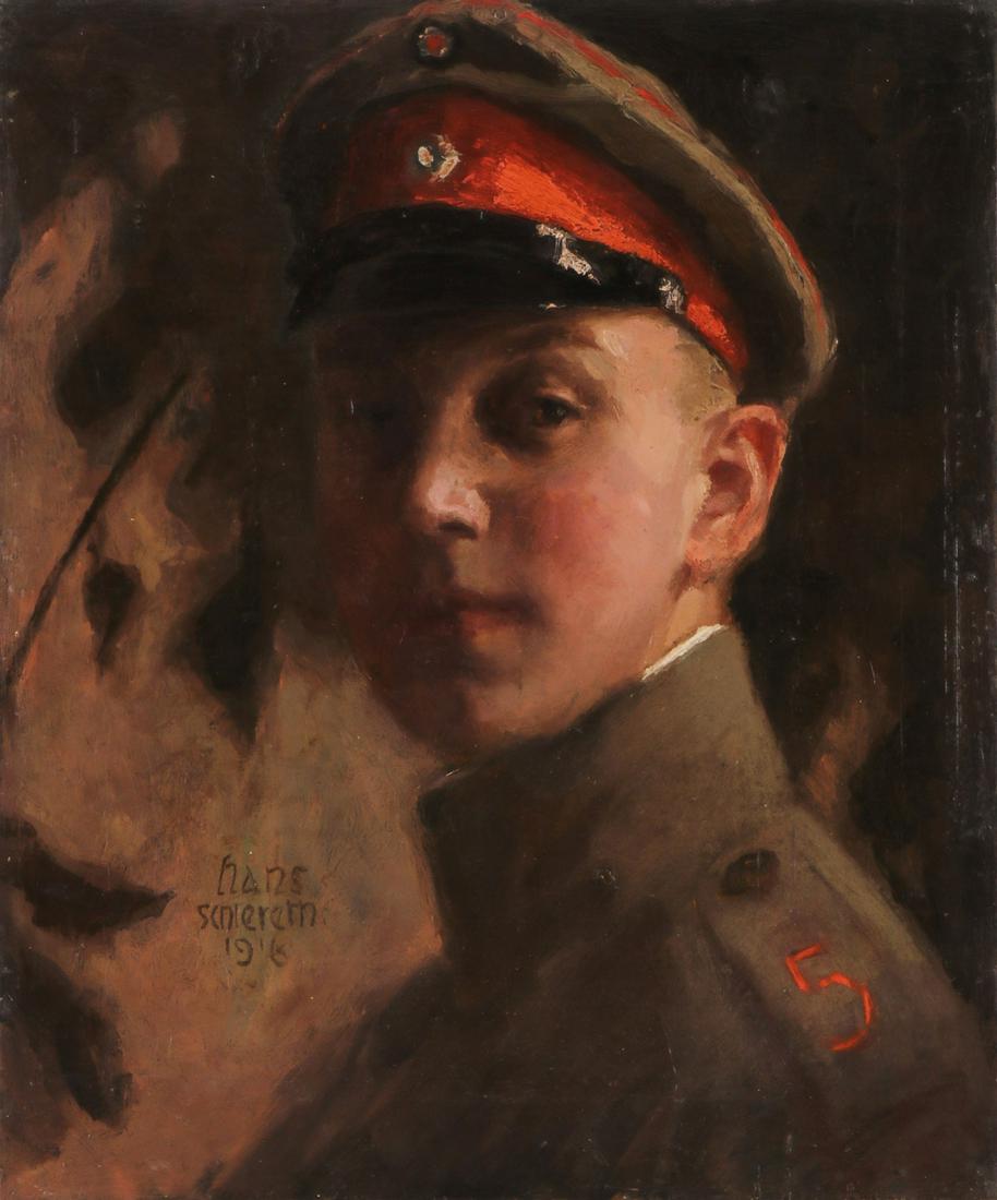 PORTRAIT OF GERMAN SOLDIER SIGNED & DATED 1916: HANS SCHLERETH (German 1897-1962) A Sensitive Portrait of a Young German Soldier- 1916 Oil on canvas Signed and dated lower left "Hans Schlereth 1916" 16.3 inches x 13.6 inches (41.5 x 34.5 cm), unfra