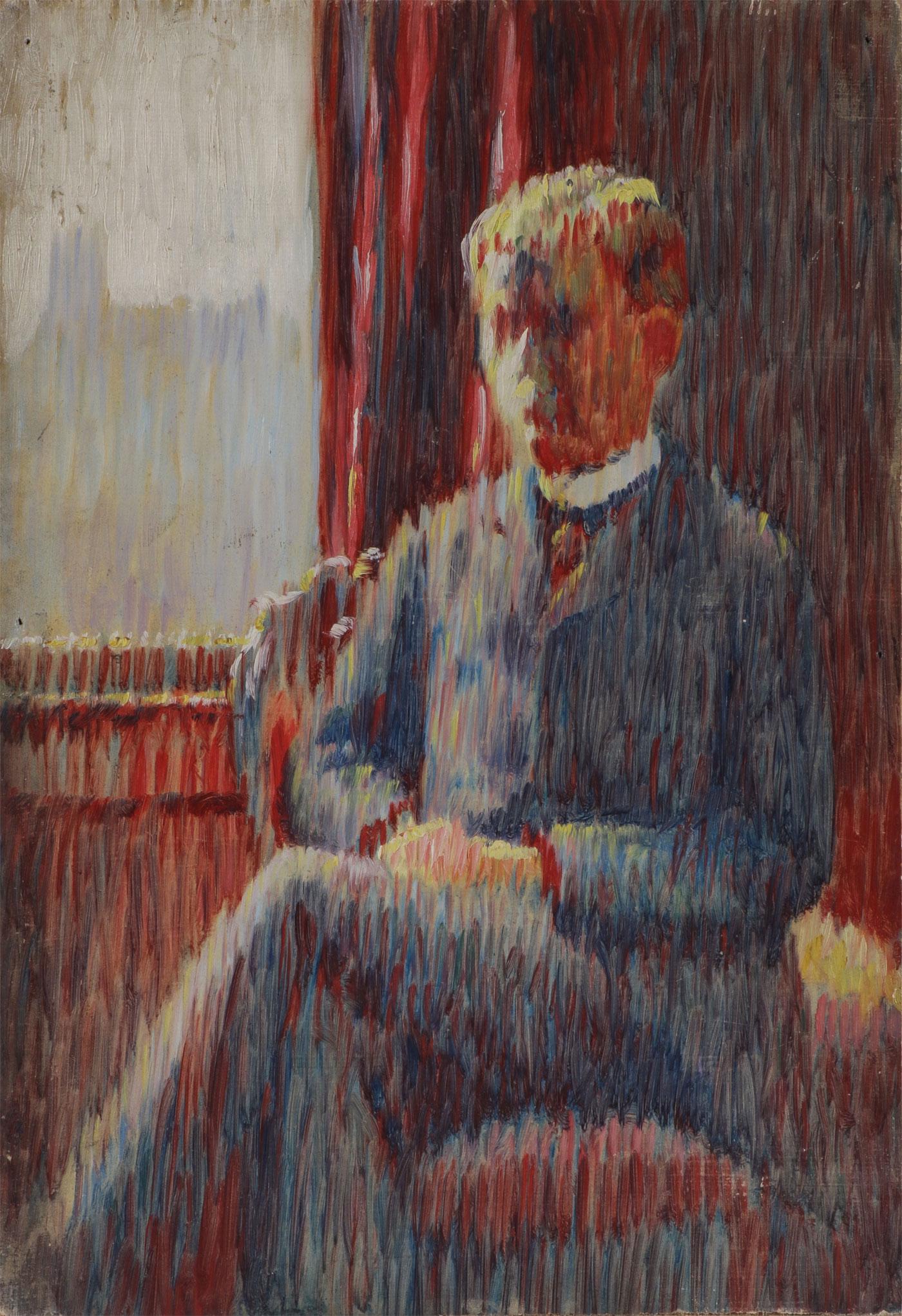 DOUBLE SIDED PAINTING BY C. A. CUMMING C. 1890: CHARLES ATHERTON CUMMING (American 1858-1932) Impressionistic Portrait of Seated Man & verso with Impressionistic Early Spring Landscape - C. 1890 Oil on wood panel (double sided) Inscribed on edge of