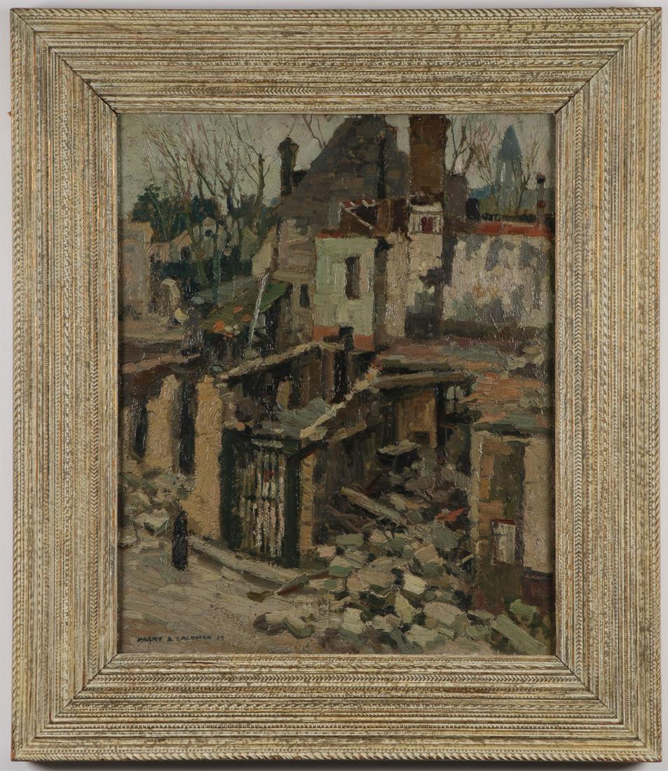 HARRY LACHMAN PAINTING IN NEWCOMB MACKLIN FRAME: HARRY LACHMAN (American 1886-1975) Ruins in Northern France- 1914 Oil on artist board Signed lower left and dated '14 and exhibition label on verso numbered 222 24 inches x 20 inches. Contained in a S