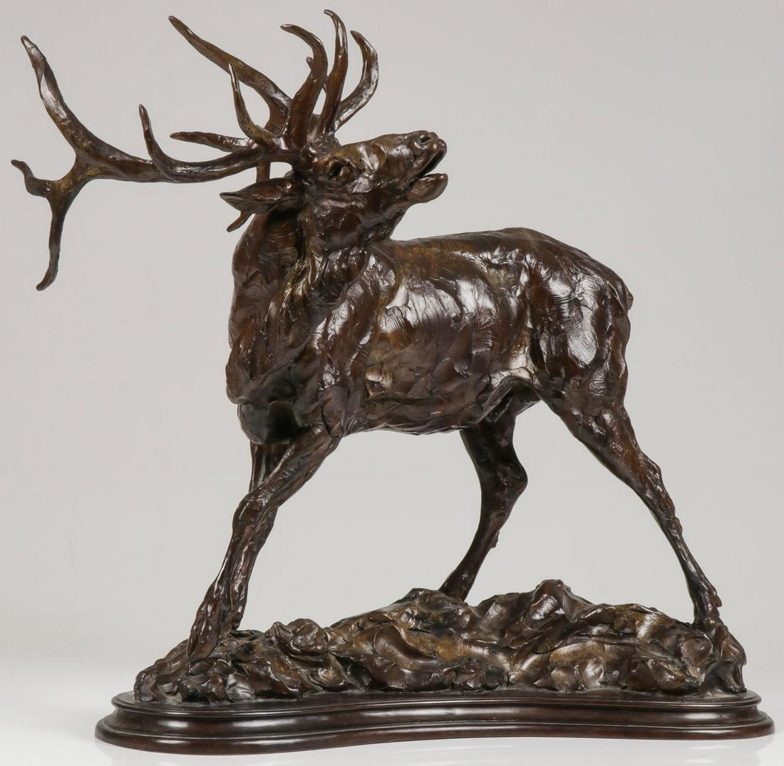 GREAT WILDLIFE SHINABARGER BRONZE ELK: TIM SHINABARGER (American b. 1966-) Sounds of September Bronze with brown patina Signed on base and numbered 16/35 Height 22.5 inches length, 22.5 inches. SHIPPING NOTICE: